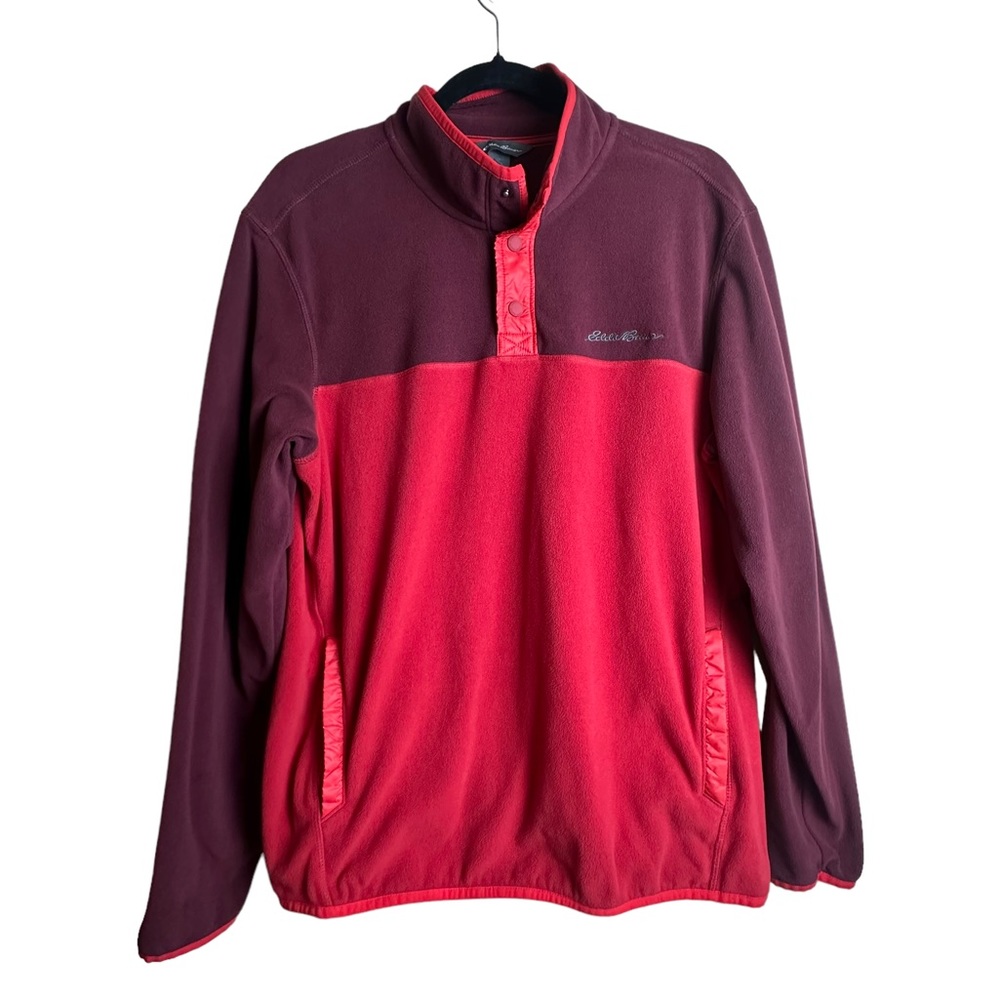 Eddie Bauer Mens Quarter Snap Button Red Fleece Pullover Logo Spell Out Medium